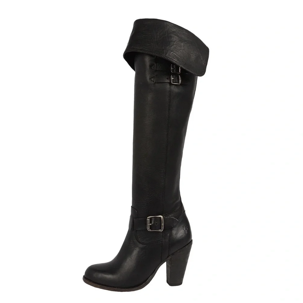 Frye Jenny Belted Over the Knee Black Leather Buckle Boots